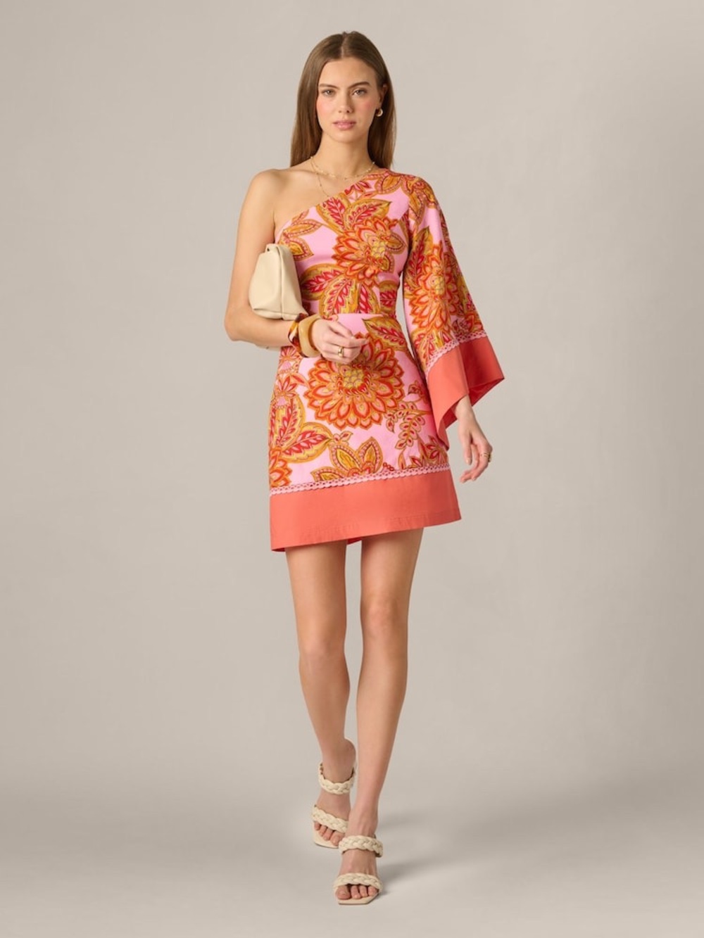Adrianna Papell Pink One-Shoulder Floral Mini Dress with Coral Trim size 8 - Picture 3 of 11